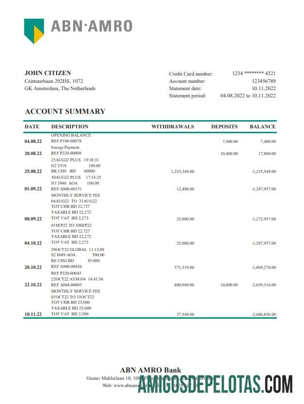 Exemplo de extrato bancário XLS do ABN AMRO da Holanda